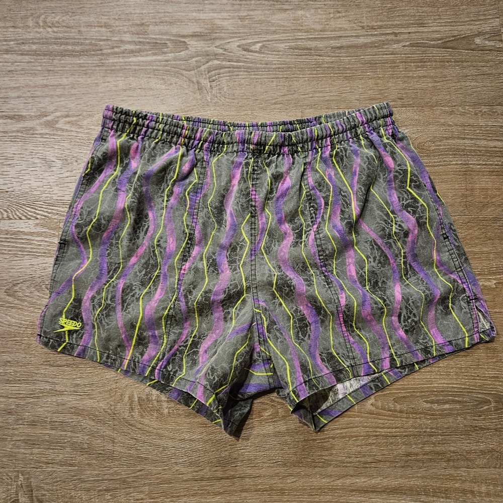 Vintage 90s Speedo Shorts Mens S Purple Neon Abstract Lined 4" Inseam